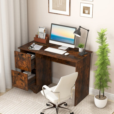 COSTWAY Computer Desk with 2 Drawers Home Office Writing Desk Rustic Brown