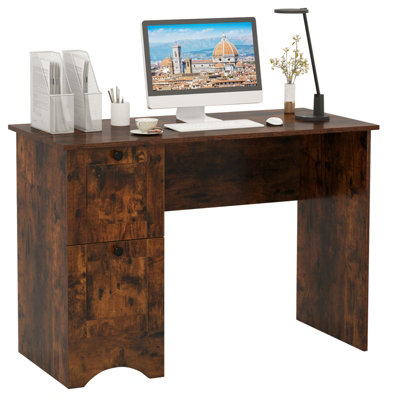 COSTWAY Computer Desk with 2 Drawers Home Office Writing Desk Rustic Brown