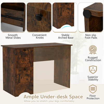 COSTWAY Computer Desk with 2 Drawers Home Office Writing Desk Rustic Brown