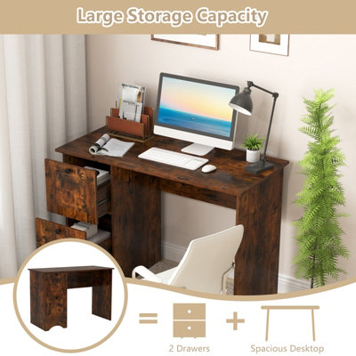 COSTWAY Computer Desk with 2 Drawers Home Office Writing Desk Rustic Brown