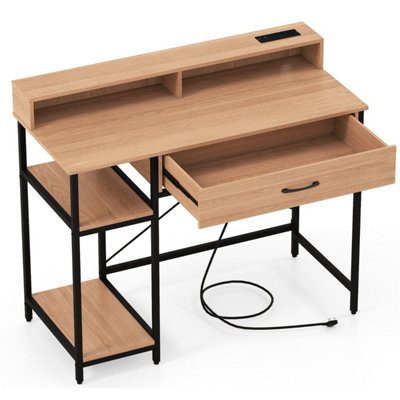 COSTWAY Computer Desk with Power Outlets Home Office Desk with Top Shelf