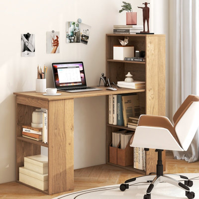 Costway Computer Desk Wooden PC Laptop Table Writing Workstation W 6 Tier Storage Shelves
