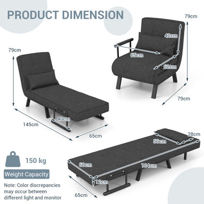 Costway Convertible Single Folding Sofa Bed Sleep Chair w/ 6 Positions Adjustable Backrest Dark Grey