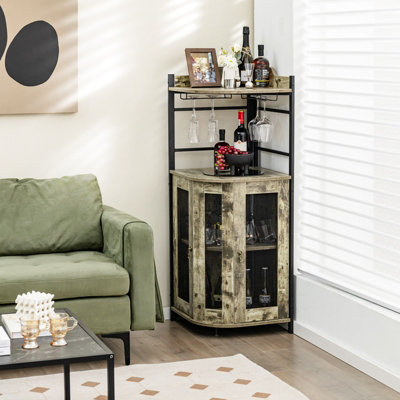 Costway Corner Bar Cabinet Industrial Wine Buffet Cabinet with Glass ...