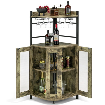 Costway Corner Bar Cabinet Industrial Wine Buffet Cabinet with Glass Holder Mesh Doors