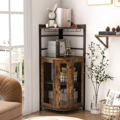 Costway Corner Bar Cabinet Industrial Wine Buffet Cabinet with Glass Holder Mesh Doors