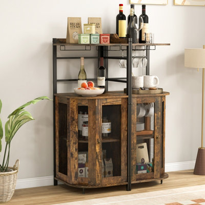 Costway Corner Bar Cabinet Industrial Wine Buffet Cabinet with Glass Holder Mesh Doors