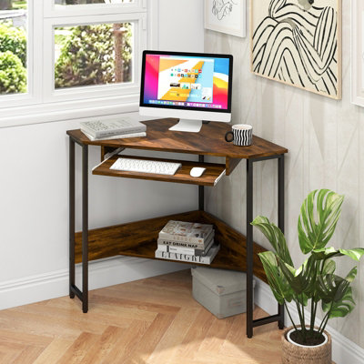 COSTWAY Corner Desk with Power Outlets Computer Desk with Keyboard Tray