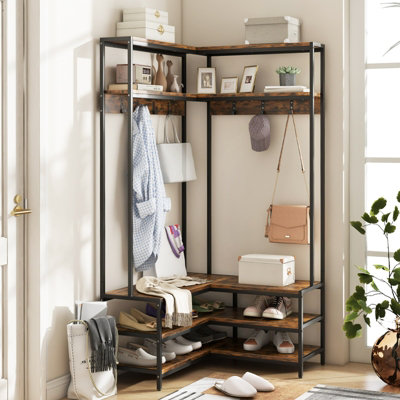 COSTWAY Corner Garment Rack L-shaped Clothes Rack w/ 7 Hooks Shoe Bench