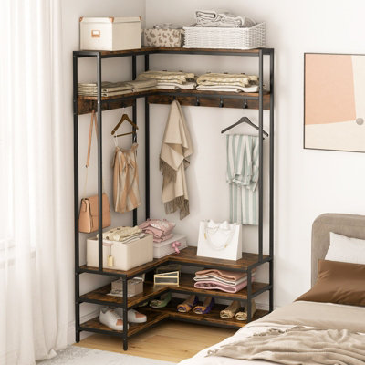 COSTWAY Corner Garment Rack L-shaped Clothes Rack w/ 7 Hooks Shoe Bench