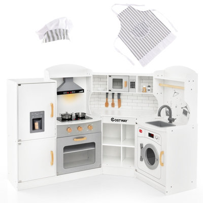 Costway Corner Play Kitchen Toddler Kitchen Playset Wooden Toy Kitchen W/ Sink & Washing Machine