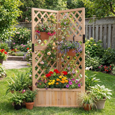 COSTWAY Corner Raised Garden Bed with Lattice Trellises Elevated Wooden  Planter Box-Natural