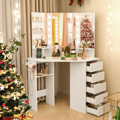 COSTWAY Corner Vanity Desk with Lighted Mirror Makeup Vanity Table with Power Outlets