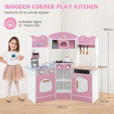 COSTWAY Corner Wooden Play Kitchen Kids Toy Kitchen Set with Lights Sounds