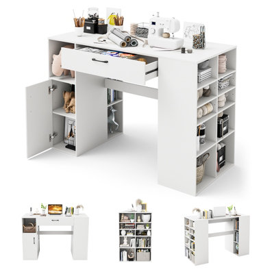 Costway Counter Height Sewing Table Artwork Sewing Workstation With 14 Open Compartments