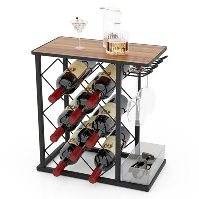Costway Countertop Wine Rack Wooden Wine Stand Metal Frame Wine Holder