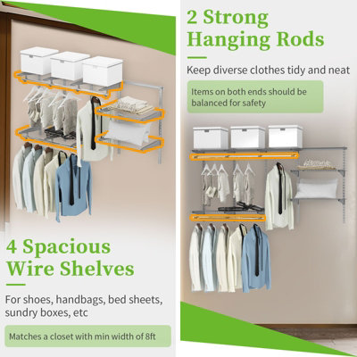 Costway Custom Wall-mounted Cloth Rail Closet w/ Shelves & Rods - 3