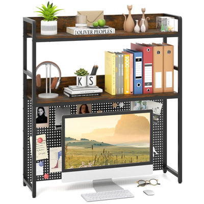 2-Tier Desktop Bookshelf Organizer - Metal Frame & Wood Shelves, Brown, For Books, Magazines, Office Supplies