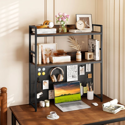 Desktop Bookshelf 2-Tier Adjustable Wood Desktop Hutch Bookcase Display Rack Book Storage Organizer Shelf For Computer Desk Dorm Room Office Home