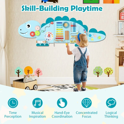 Oderra Busy Board De Dinosaurio Para Niños Pequeños, Juguete Sensorial Montessori De 24,99x19,99x3 Cm, Con Cremalleras, Cordones Y Velcro, Bolsa Portátil Ligera, Ideal Para Viajes Y Desarrollo De Motricidad Fina