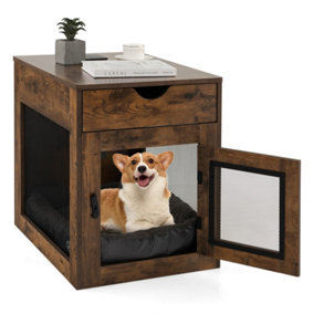 Costway Dog Crate Decorative Dog Kennel Bedside End Table w/ Drawer & Lockable Door
