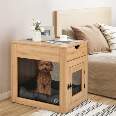 Costway Dog Crate Decorative Dog Kennel Bedside End Table w/ Drawer & Lockable Door - 4