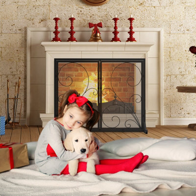 Costway Double Door Fireplace Screen 96 x 78cm Flat Fire Guard Fence - 4