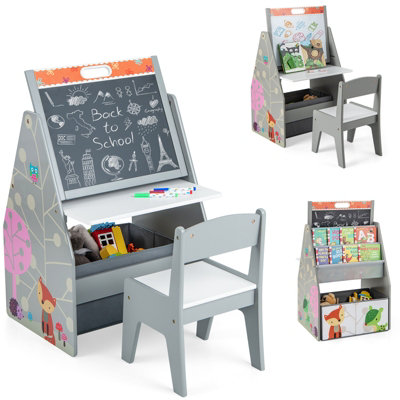 Costway Double-Sided Kids Art Easel Play Station Table Chair Set w/Fabric Bin Bookshelf