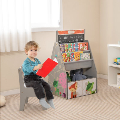 Costway Double-Sided Kids Art Easel Play Station Table Chair Set w/Fabric Bin Bookshelf