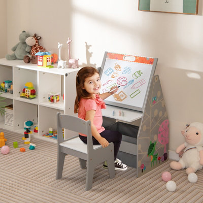 Costway Double-Sided Kids Art Easel Play Station Table Chair Set w/Fabric Bin Bookshelf