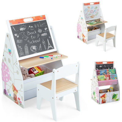 Costway Double-Sided Kids Art Easel Play Station Table Chair Set w/Fabric Bin Bookshelf