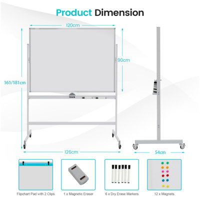 Costway Double Sided Magnetic Whiteboard Adjustable Mobile Revolving Board with Magnets