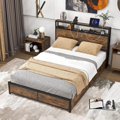 Costway Double Size Bed Frame Metal Bed Platform LED Light Headboard 4 Storage Drawers
