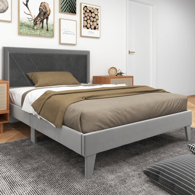 Costway Double Size Bed Frame Velvet Upholstered Platform Bed Slat 