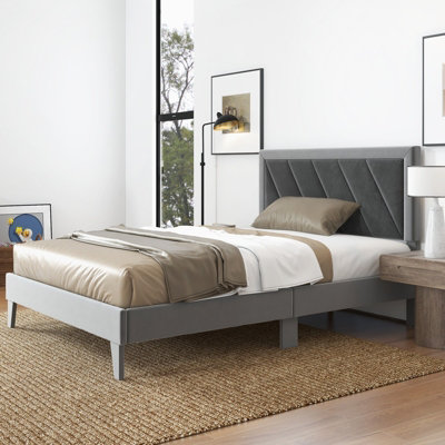 Costway Double Size Bed Frame Velvet Upholstered Platform Bed Slat with ...