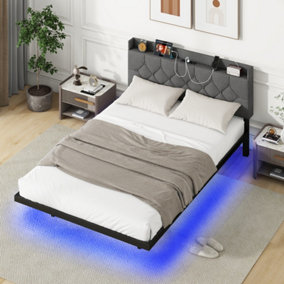 Costway Double Size Floating Bed Frame LED Lights Modern Platform Bed w/ Headboard & Charging Station
