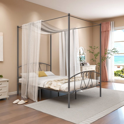 Costway Double Size Metal Canopy Bed Frame 4 Poster Modern Platform Wooden Slat Support