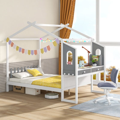 COSTWAY Double Size Wooden Kids House Bed Frame with Desk