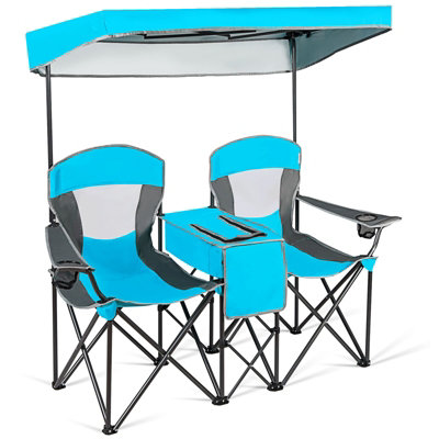 COSTWAY Double Sunshade Folding Chairs 2-Person Camping Fishing