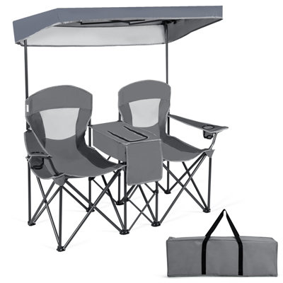 COSTWAY Double Sunshade Folding Chairs 2-Person Camping Fishing Chairs-Grey