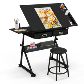 Costway Drafting Table with Stool Height Adjustable Drawing Desk with Tilting Tabletop