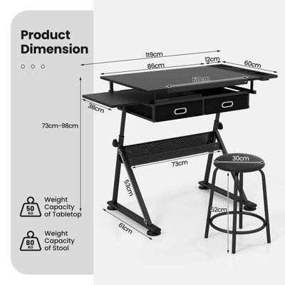 Costway Drafting Table with Stool Height Adjustable Drawing Desk with Tilting Tabletop