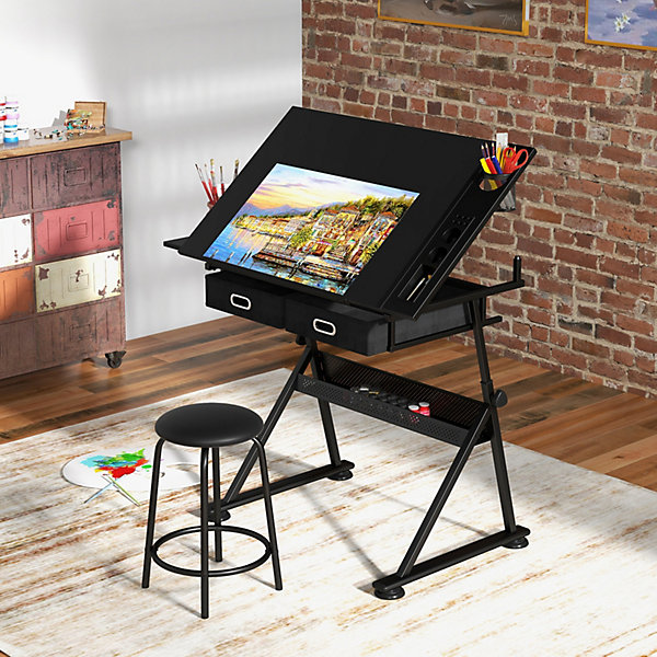 Costway Drafting Table with Stool Height Adjustable Drawing Costway Drafting Table with Stool Height Adjustable Drawing