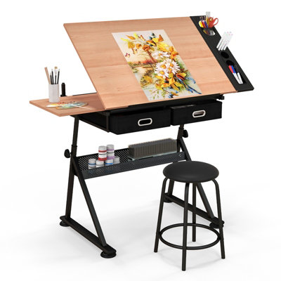 Costway Kids Art Table & Chairs Set Wooden Drawing Desk with Paper - See Details - Coffee + Natural