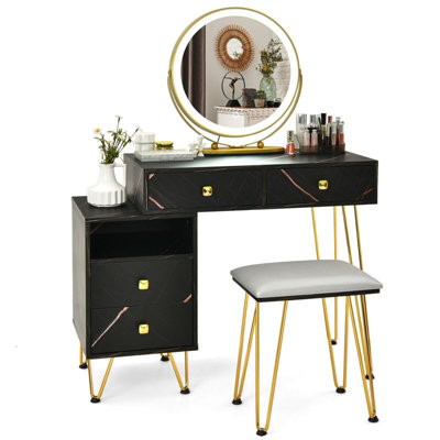 Costway Dressing Table Stool Set Vanity Table w/ Removable LED Lighted Mirror & 2 Drawers