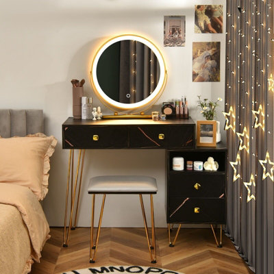 Costway Dressing Table Stool Set Vanity Table w/ Removable LED Lighted Mirror & 2 Drawers