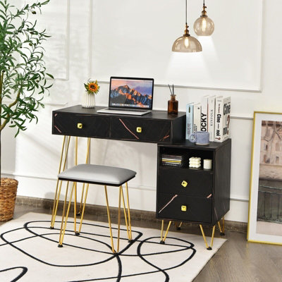 Costway Dressing Table Stool Set Vanity Table w/ Removable LED Lighted Mirror & 2 Drawers