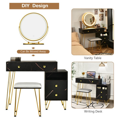 Costway Dressing Table Stool Set Vanity Table w/ Removable LED Lighted Mirror & 2 Drawers