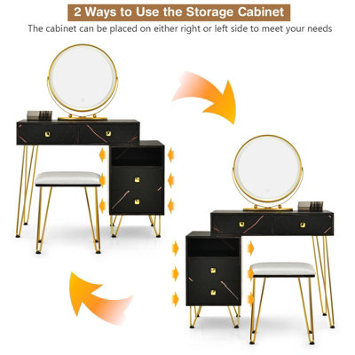 Costway Dressing Table Stool Set Vanity Table w/ Removable LED Lighted Mirror & 2 Drawers