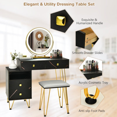 Costway Dressing Table Stool Set Vanity Table w/ Removable LED Lighted Mirror & 2 Drawers